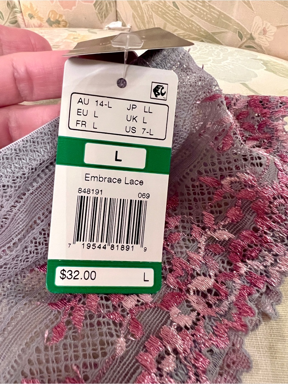 Wacoal Embrace Lace Gray & Pink Bikini Panty Size L NWT - Picture 4 of 7